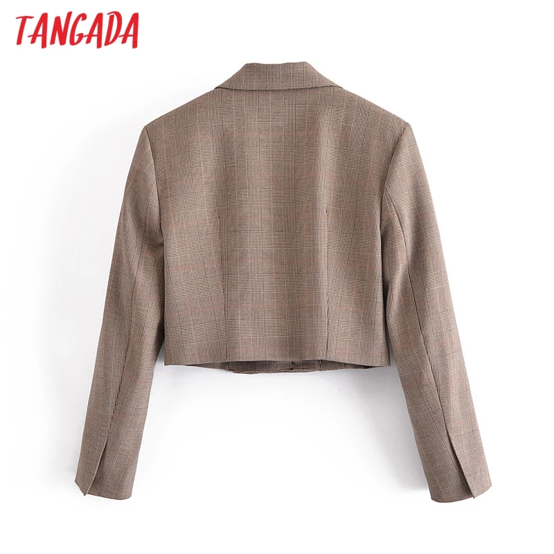 

Tangada Women Plaid Crop Blazer Coat Vintage Notched Collar Pocket 2021 Fashion Female Casual Chic Tops 3H209