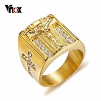 vnox punk jesus christ cross chunky ring for men stainless steel crystals religion prayer male hip hop jewelry gold color