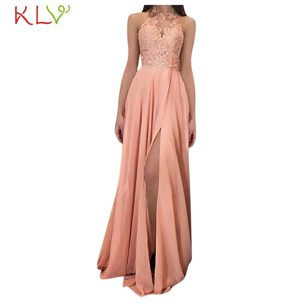 Женское длинное платье с высоким разрезом кружевное шифоновое вечернее