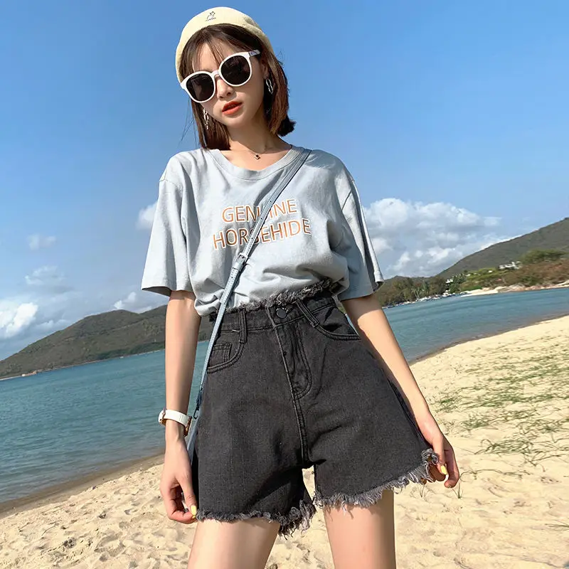 

Black Denim Shorts women's 2021 summer new high waist slim hot pants loose wide leg Korean A-line pants