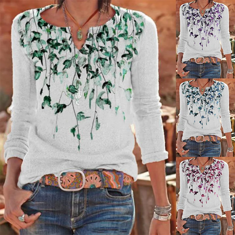 

Женская футболка с длинным рукавом, разноцветная, с принтом листьев, винтажная, повседневная, с круглым вырезом, свободная, размера плюс