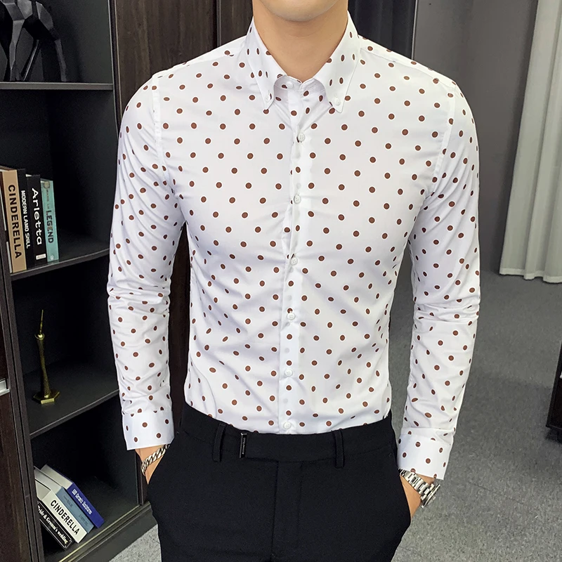 Fashion Print Casual Men Long Sleeve Shirt Stitching Dot printed Design Fabric Soft Comfortable Dress Slim Fit Style | Мужская одежда