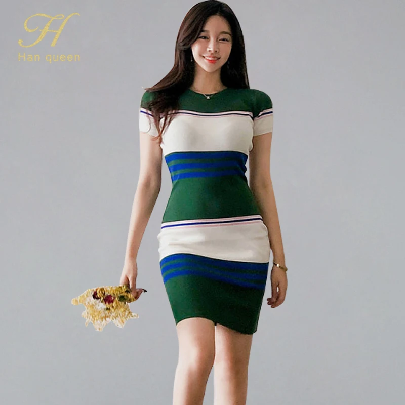 Женское Повседневное трикотажное платье H Han Queen летнее простое в цветную полоску