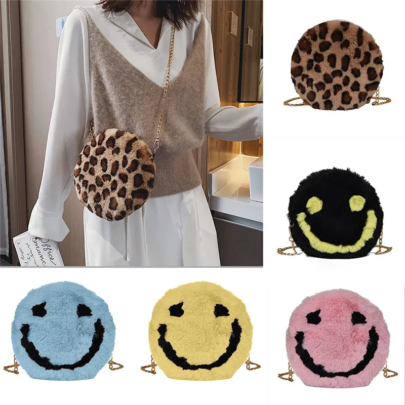 Женская осенне зимняя леопардовая плюшевая сумка со смайликом круглые сумки на