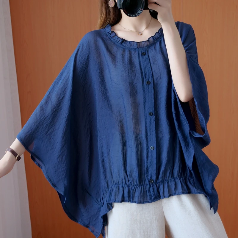 

Ramie Loose Top Women Summer 2021 New Large Size Women's Clothing Thin Bat Sleeve Casual Shirt Women Tops Button Up Shirt