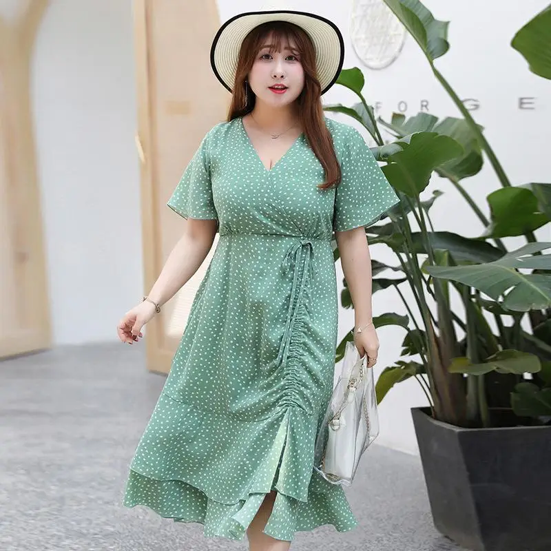 

Big Size Chiffon Bohemian Dress Elegant Long Summer Dress Plus Size Ruffle Polka Dot Print Large Size Women Loose Dress 2020