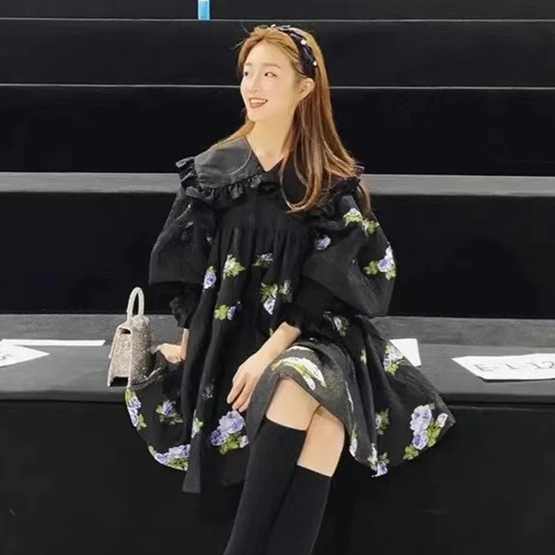 

GALCAUR Print Dress For Women Lapel Lantern Long Sleeve Mini Loose Patchwork Dresses Female Fashion New Clothes 2021 Summer New