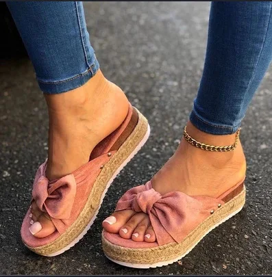 

Flat Shoes Female House Slippers Platform Butterfly-Knot Slipers Women Slides Flock 2021 Summer Rubber Butterfly-knot PU Fretwor