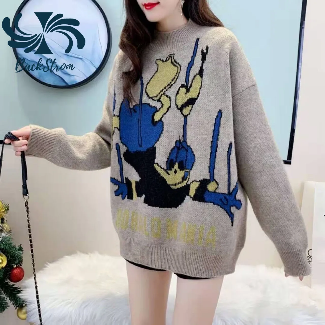

BACKSTROM Women Sweaters Autumn Cartoon Donald Duck Print Loose Knitted Sweater Female Casual Lazy Pullover Long-sleeved Sweater