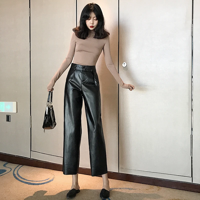 BGTEEVER черные женские брюки из искусственной кожи с поясом и высокой талией, женские брюки из искусственной кожи, женские прямые брюки