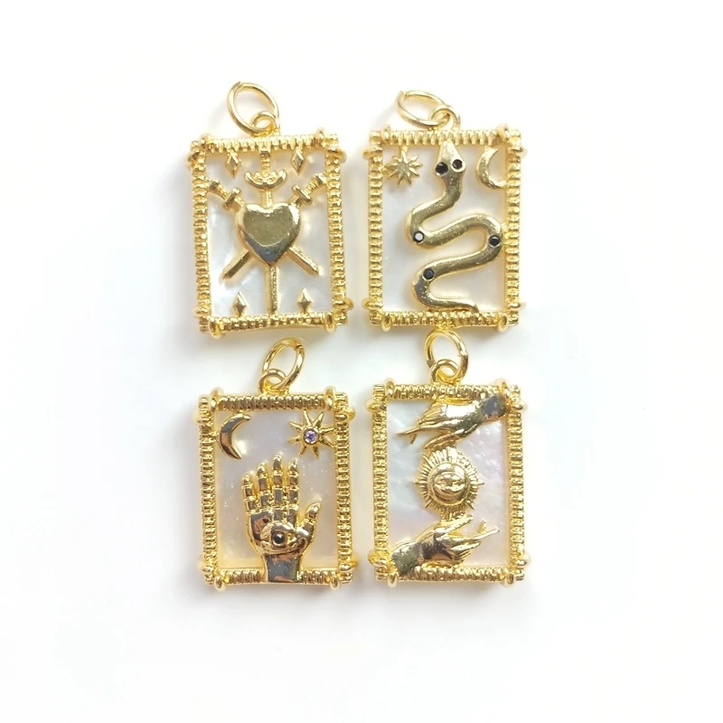 

5pcs Gold Brass DIY Imitation Pearls Shell Square Pendant Heart Snake Hand Eye Moon Stars Pattern For Girls Women Jewelry Making