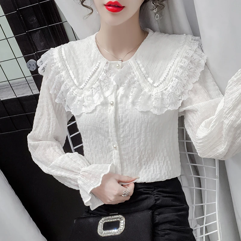 #2020 белая желтая кружевная офисная рубашка с воротником Питер Пэн женские