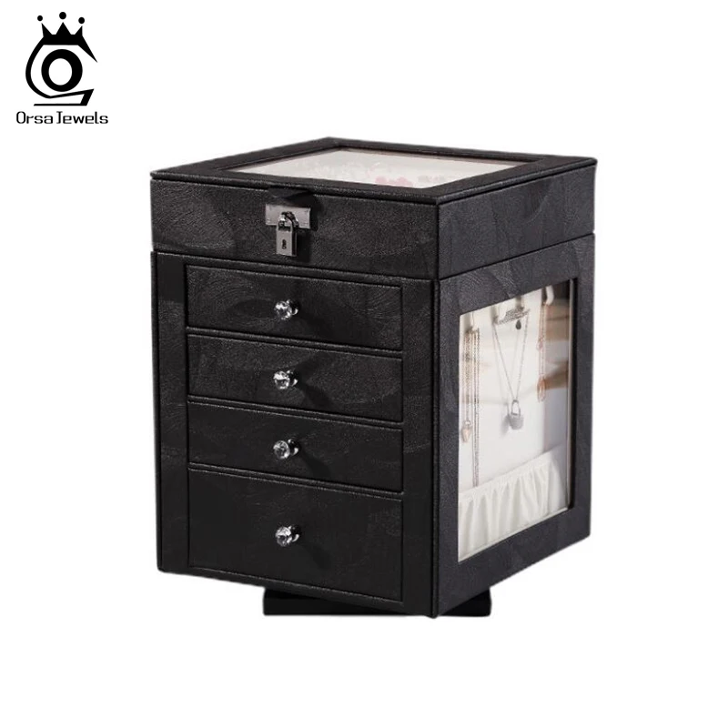 

ORSA JEWELS Exquisite Red Color 5 Layers Rotatable Pu Leather Jewelry Storage Box Case Square Shape Jewelry Organizer OJB08