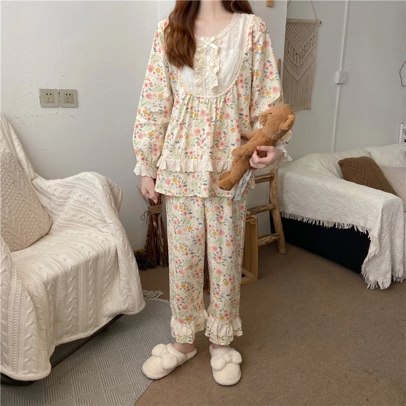 

Harajpee Sweet and Lovely Pajamas Women's College Style Floral Long Sleeve Pajama Home Suit Two Piece Suit Fashion 2021 New