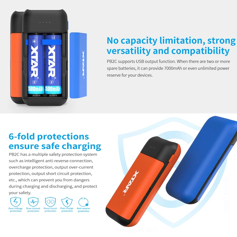 Зарядное устройство XTAR 18650 внешний аккумулятор PB2C Type-C 5 В А вход черный синий |