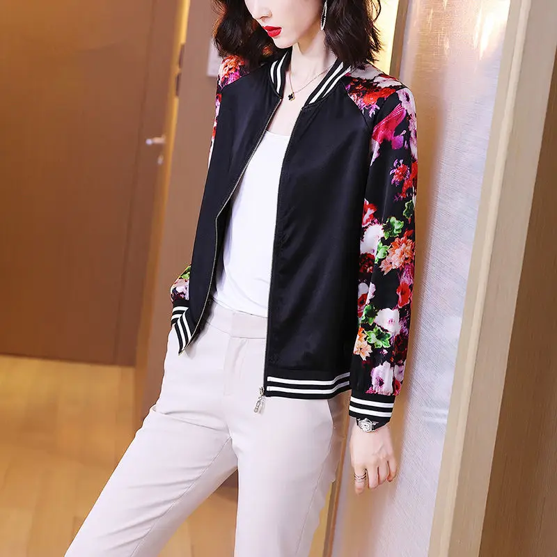 

2021 Women New Floral Print Jackets Autumn Long Sleeve Zipper Bomber Jacket Female Fashion Casual Slim Outwears Plus Size W493