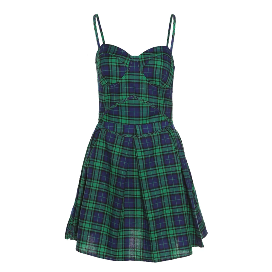 

Sylcue Summer sexy retro green plaid pleated skirt mini skirt collegiate style waist hollowed-out halter skirt Sleeveless camis