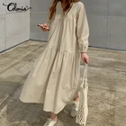 Celmia-женское повседневное винтажное платье-рубашка с длинным рукавом, длинное вечерние рованное Платье макси с V-образным вырезом, S-5XL