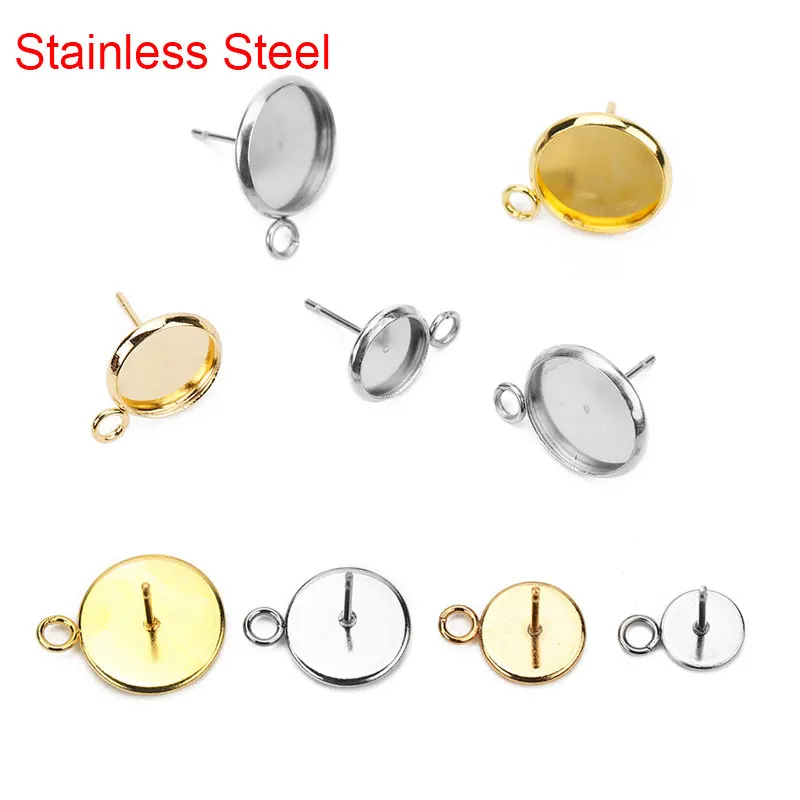 20pcs Gloden Hypoallergenic Stainless Steel Blank Stud Earring Base Settings Fit 6mm 8mm 10mm 12mm Cabochon Diy Jewelry Findings