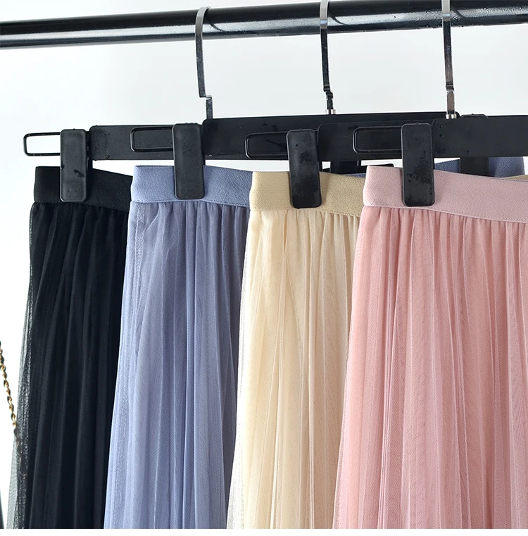 

Female Spring Summer Beading Mesh Tulle Skirt Women Elegant Mid-Calf Long Pleated Skirts Elastic High Waist A-Line Skirt 4 Color
