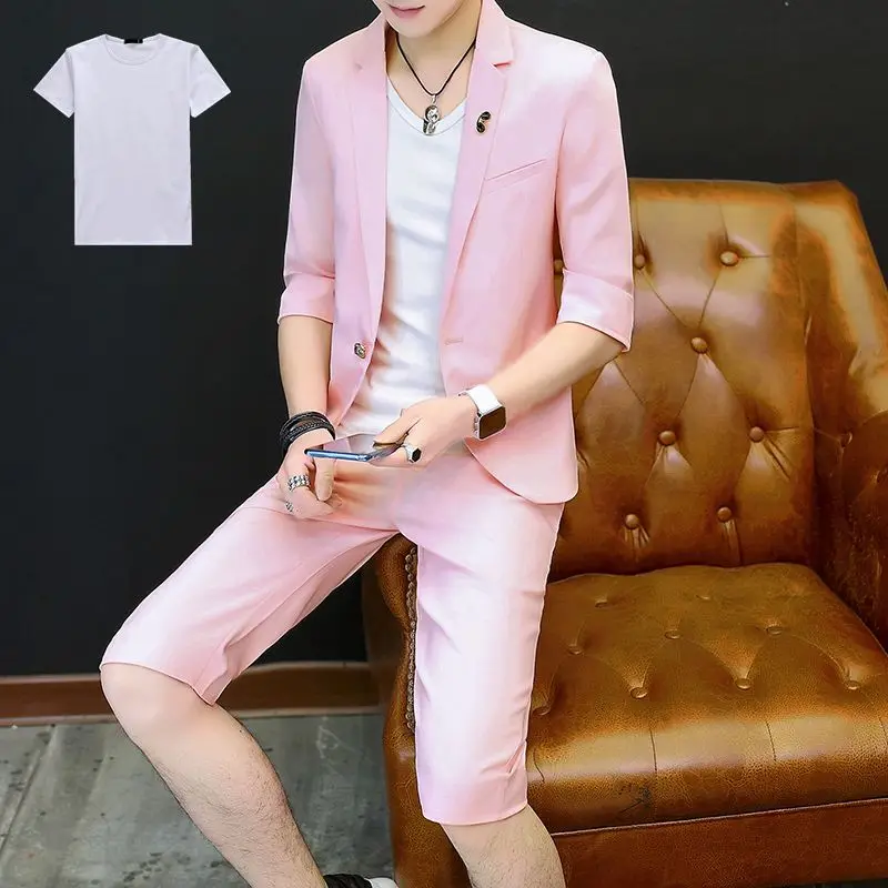 

2020 Summer Slim Fit Men Suit 2 Piece Pink Casual Tuxedo Men Wedding Suits Set Fashion Young Man Jacket with Short Pants