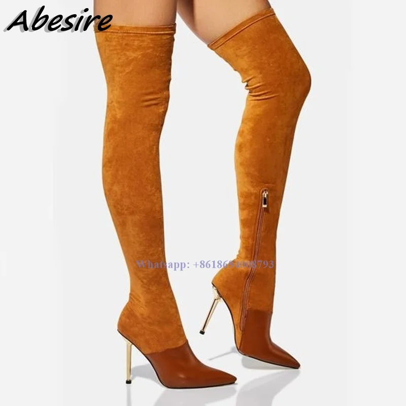 New Long Splicing Brown Boots Side Zipper Solid Stilettos High Heel Over The Knee Women Boots Pointed Toe Shoes botas de mujer