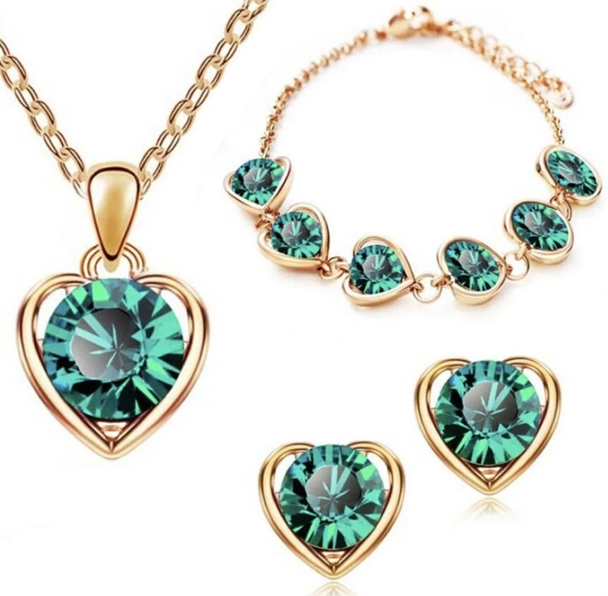 

Green Crystal Heart Pendant Necklace Earring Bracelet Wedding Jewelry For Bridal Women