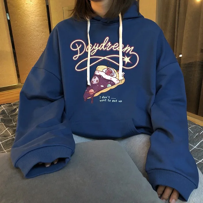 

Thick Autumn Harajuku High Street Sport Hoodie Women Sweatshirt Loose Letter Pizza Printed Personality Long Sleeve Hoodie Mujer