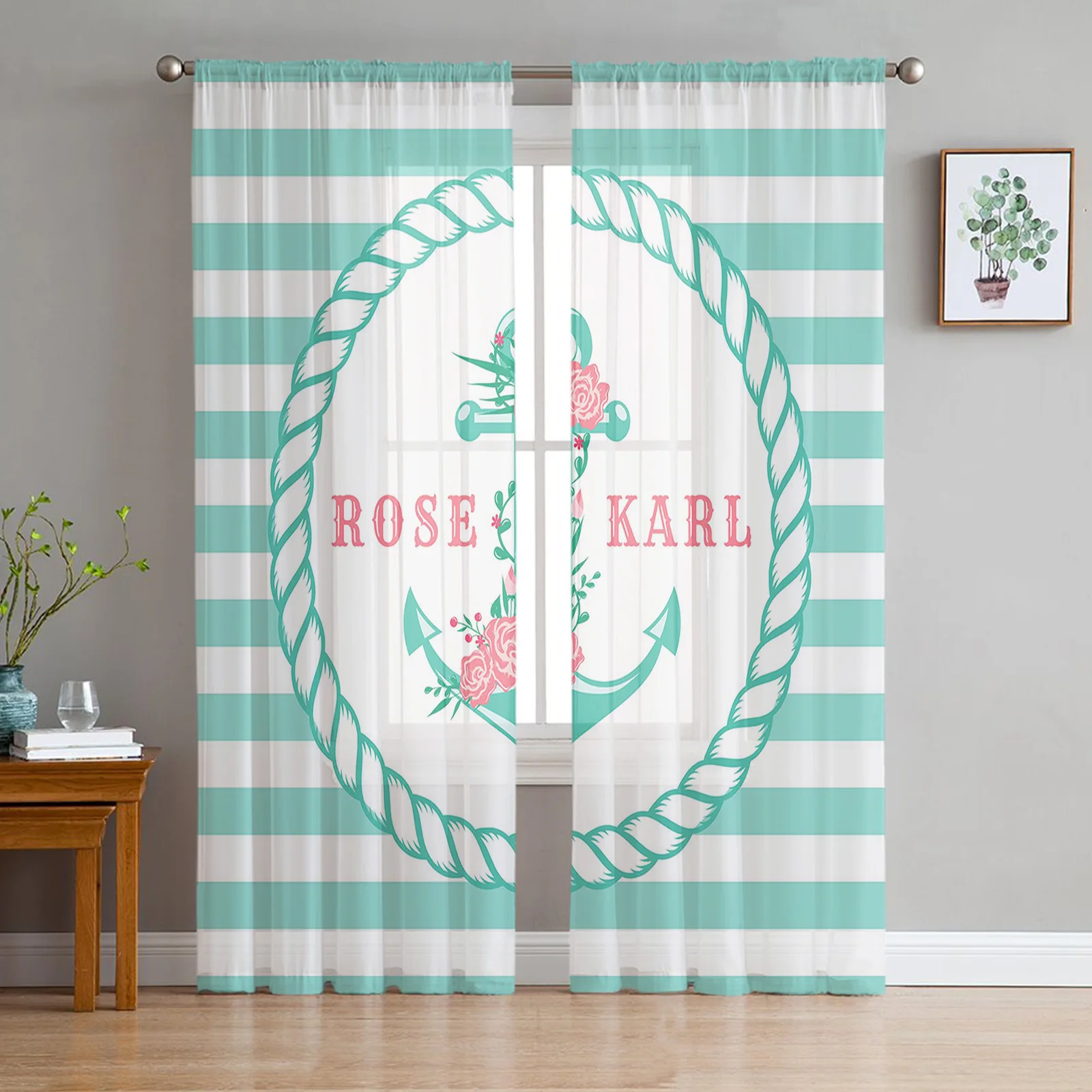 

Anchor Striped Flowers Sheer Curtains for Living Room Bedroom Kitchen Chiffon Tulle Curtains Home Hotel Coffee Decor