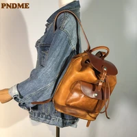 pndme vintage high quality genuine leather womens backpack luxury outdoor travel natural cowhide mens anti theft small bookbag