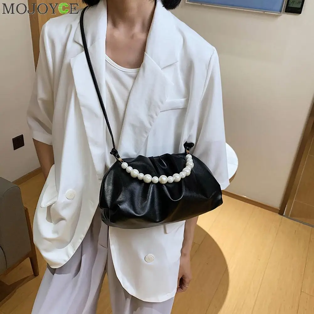 Portable Women Pearl Handbag Tote PU Leather Lady Solid Color Cloud Shoulder Bag Youth Ladies Simple Versatile | Багаж и сумки
