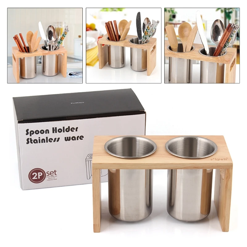 

Breathable Drain Chopstick Organizer Double Cylinder Spoon Storage Holder with Wooden Stand Base Eco-Friendly Utensil H3CC