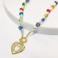 2021 new korean love heart natural freshwater pearl glass beaded hand painted flower alloy necklace for women party jewelry