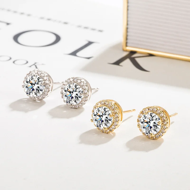 

Hip Hop Adult Trendy Round Shiny White Zircon Stone Ear Studs New Vintage Silver Gold Color Earrings For Women Men Party Jewelry