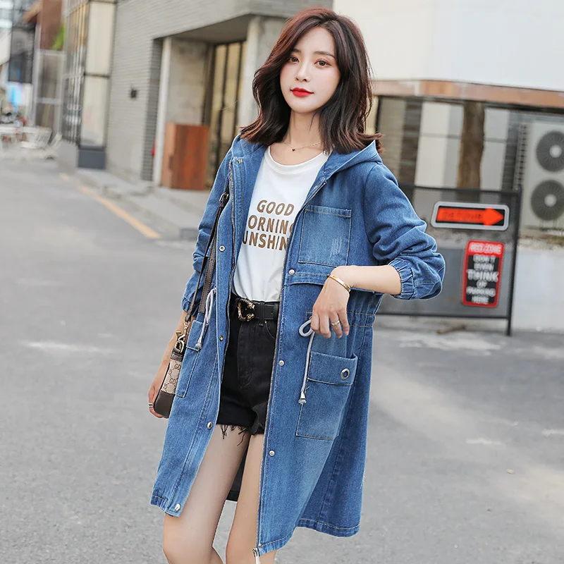 

New Autumn Hooded Jean Trench Coat Women Letter Slim Feminine Denim Outwear Turn-down Collar Zipper Female Jeans Coats Outwear