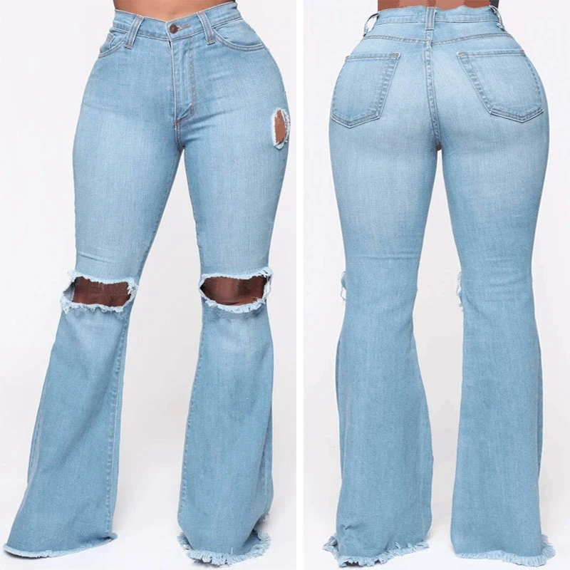 

Jeans for Women Hole Button Zipper Pocket Jeans Casual Denim Flare Wide Leg Slim Hollow Long Pants