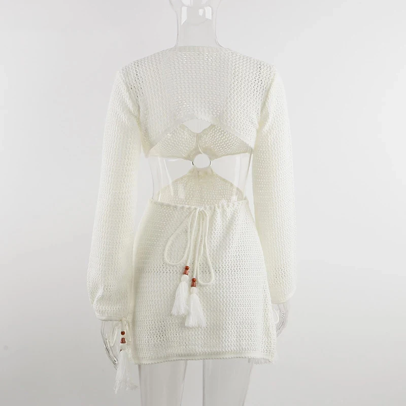 

Casual Print Knit Bodycon Dress Women 2021 Fashion White Y2K Summer Beach Hollow Out Sexy Long Sleeve White Mini Dresses Party