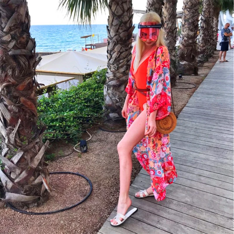Женское летнее пляжное платье парео Пляжное Платье бикини с принтом хлопковая