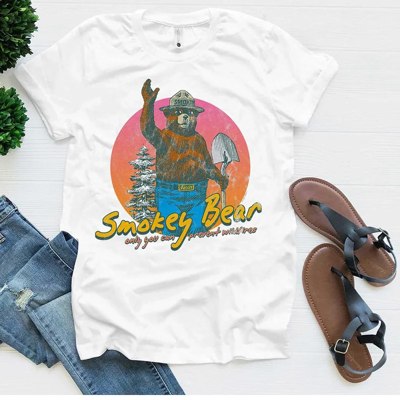 

Hillbilly Smokey Bear Cartoon Print Vintage Unisex Graphic Tees Short Sleeve Pure Cotton Summer Clothing Protect Forest T Shirts