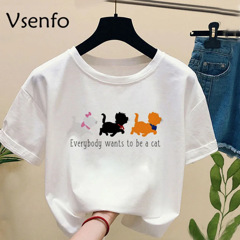 

The Aristocats T Shirts Women Funny Cartoon Cute Cat T-shirt Harajuku Summer Short Sleeve T-shirts with Print Women's Tops