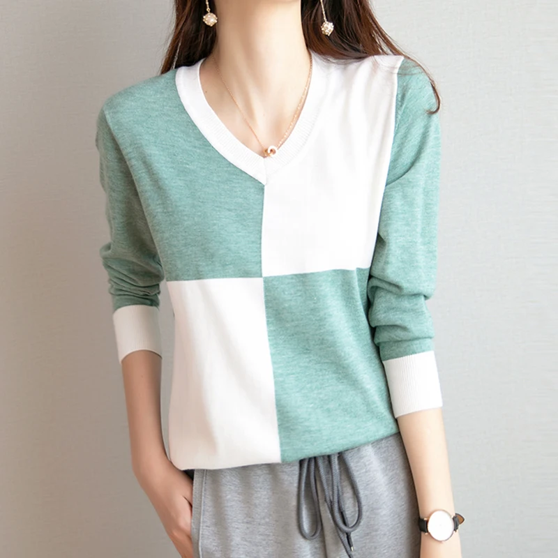 

Knitted Pullover Womens V Neck Loose Patchwork Casual Knitwear Long Sleeve Short All-Match Sweater Autumn New Fashion Korean