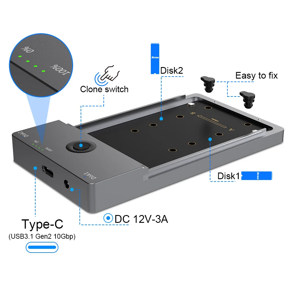 New Nvme HDD Enclosure M.2 , Dual Hard Disk Positions, Support Offline Copy Of Solid State Hard disk box USB3.1 GEN 2（10Gbps)