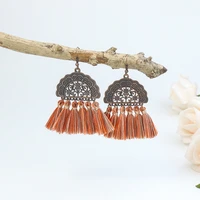 creative new boho vintage alloy fan shaped fringed hollow out multicolor cotton thread tassel dangle earrings women jewelry
