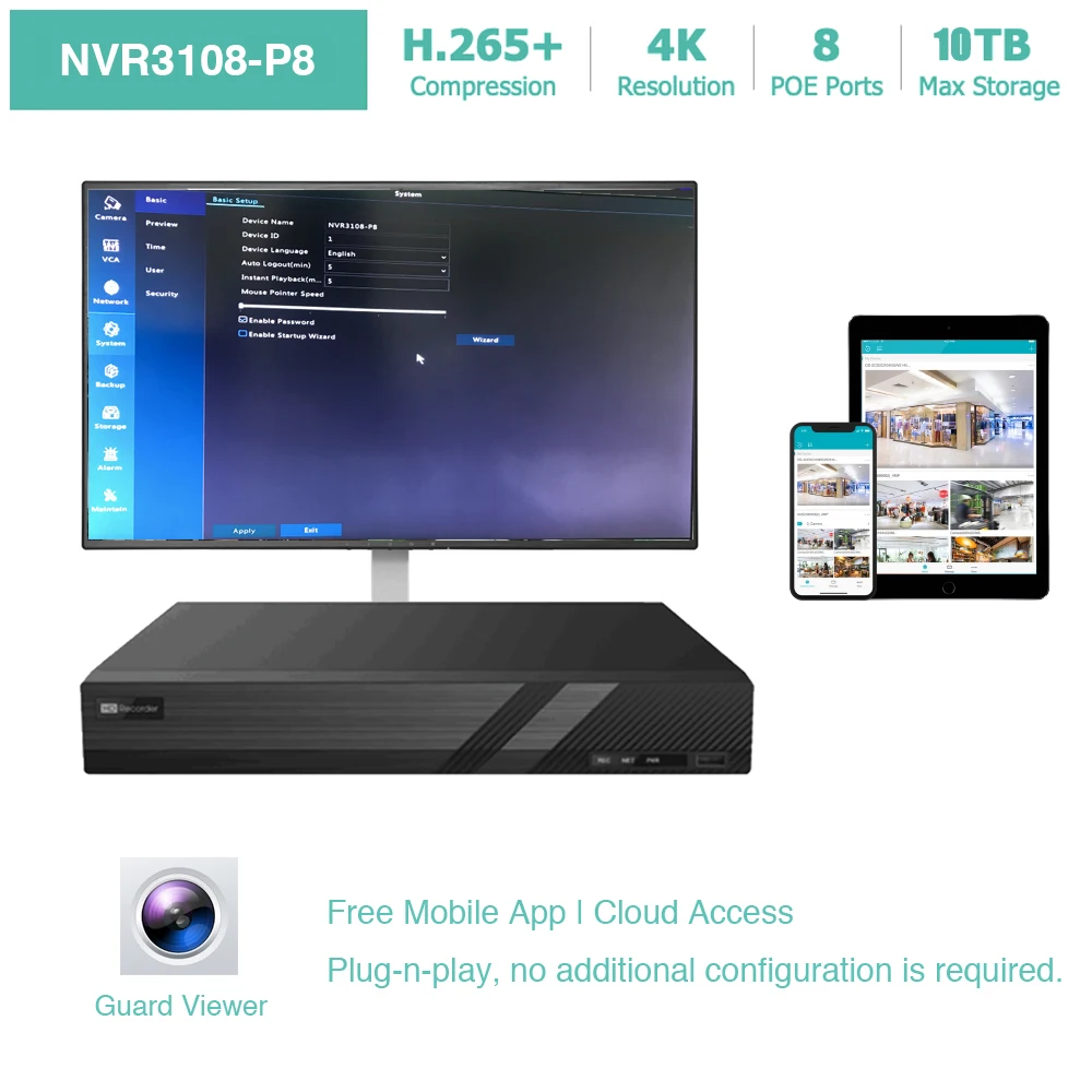 8 Channel 4K IP PoE Security Camera System 8ch 4K NVR and 8 8MP Colorful Night View Bullet PoE IP Cameras with 4TB HDD