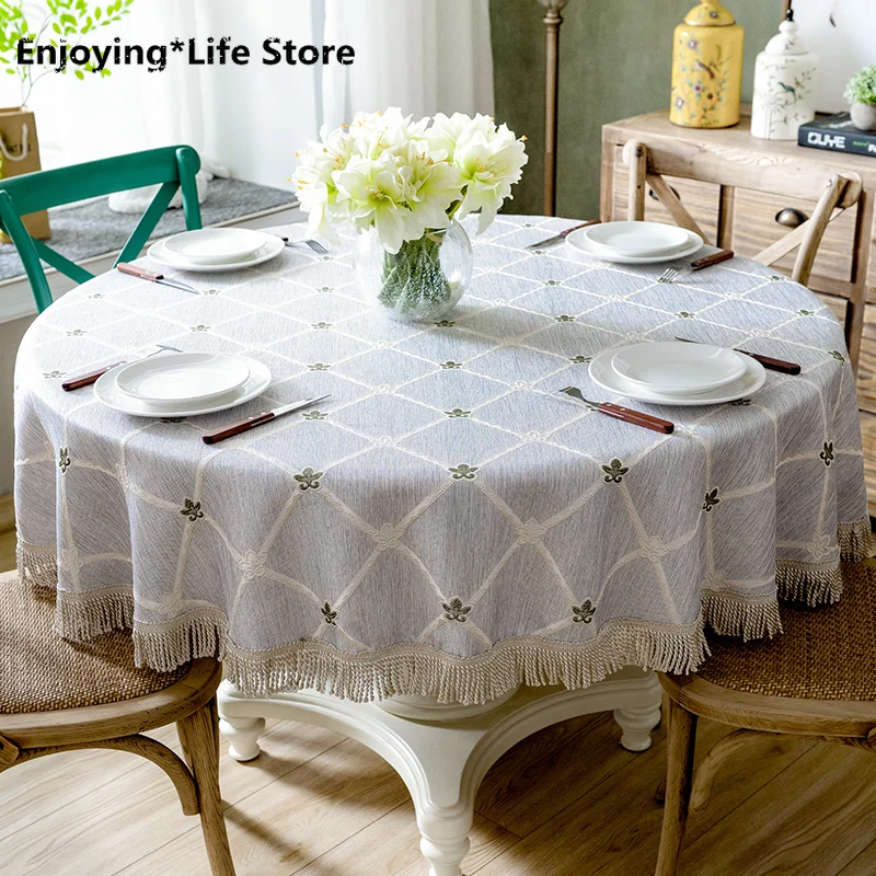 

Luxury Table Cloth Round Table Cover Leaves Embroidered Wedding Party Home Tablecloth Cotton Linen Tablecloths with Tassel