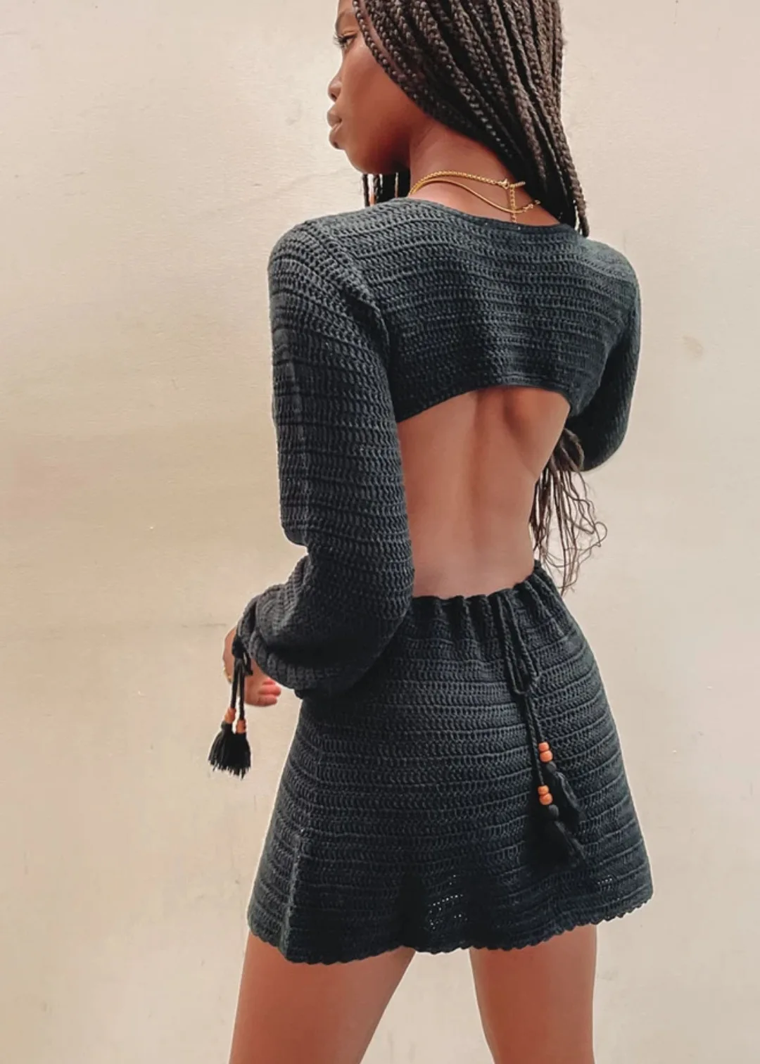 

Sundress Women Knit Long Sleeve Backless Beach Dress Summer Hollow Out Stripe V Neck Sexy Party Mini Dresses Casual White Skirt