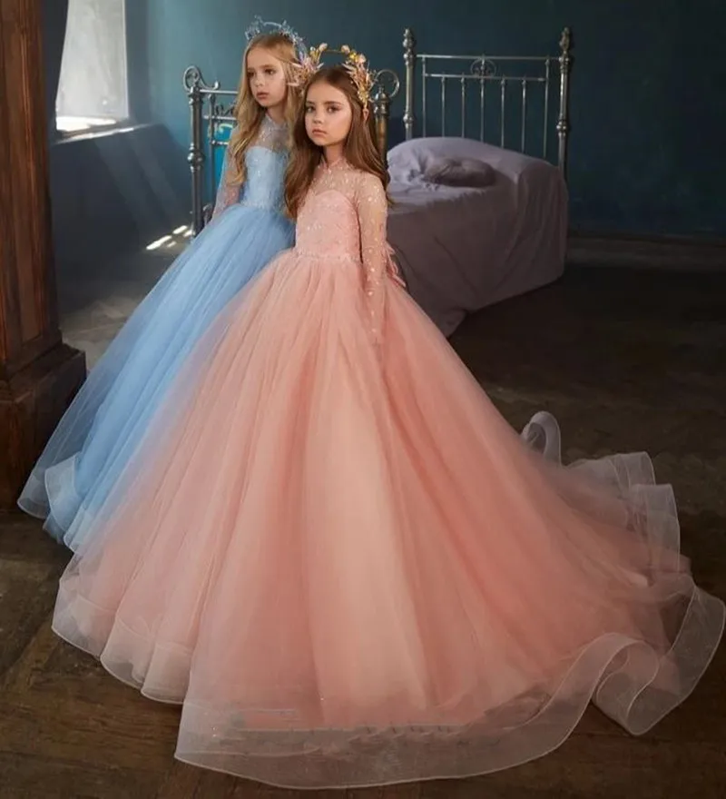 

Long Sleeves A-line Princess Flower Girl Dress for Wedding Beading Satin Bow Children Pageant First Communion Gowns