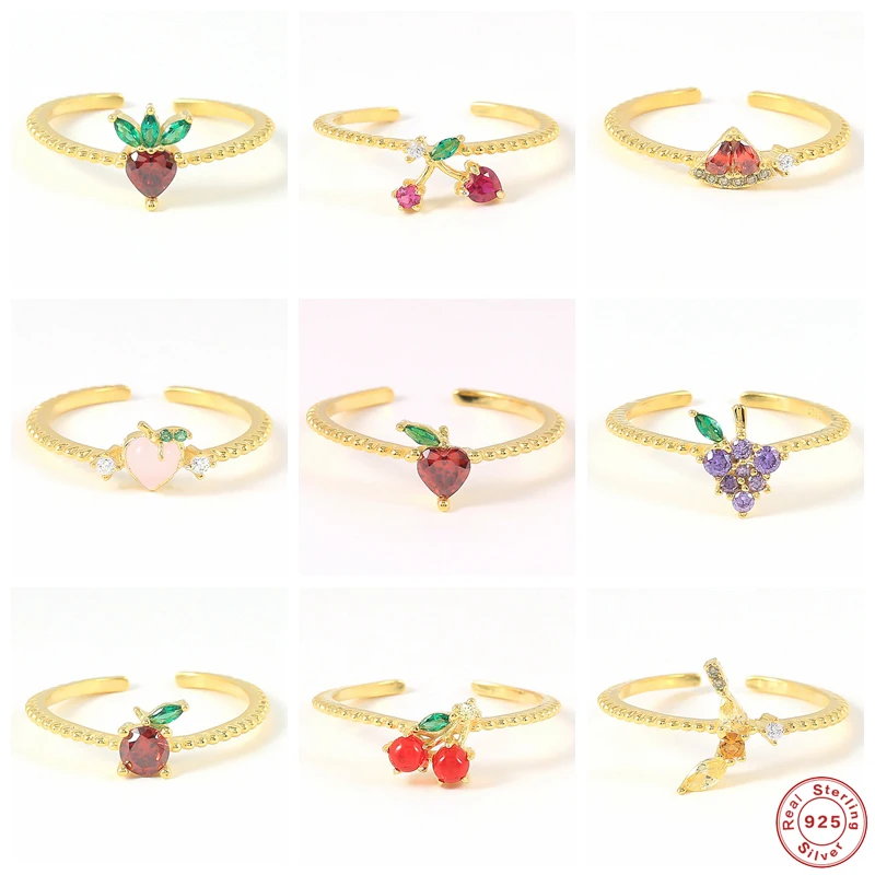 

Aide 925 Sterling Silver Colored Crystal Fruit Charm Series Resizable Rings For Women Summer Collection Apple Cherry Rings Gift