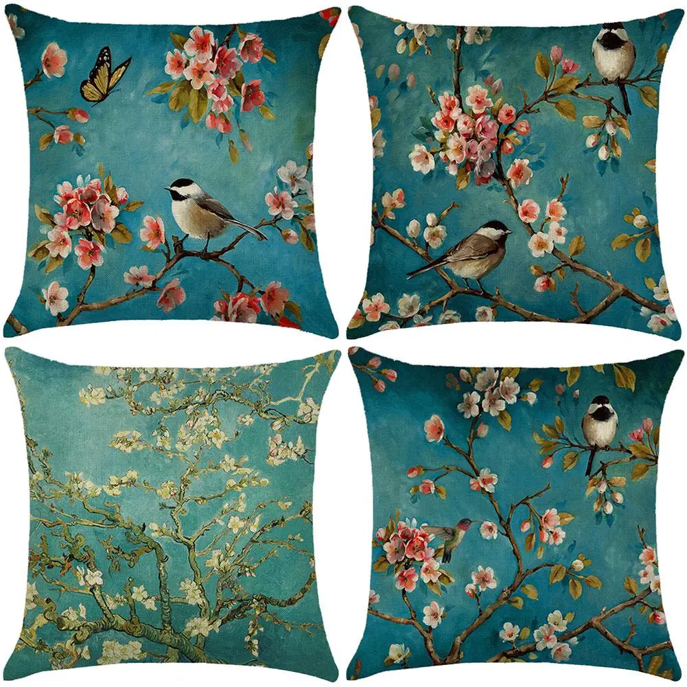 

Льняная декоративная подушка с изображением цветов птиц деревьев