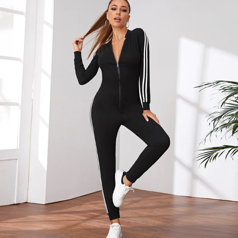 

Women Stripe Yoga Jumpsuit Long Sleeve Zipper Sport Bodysuit Fitness Workout Gym Clothing Casual Outfits Jogger Set Lounge Wear